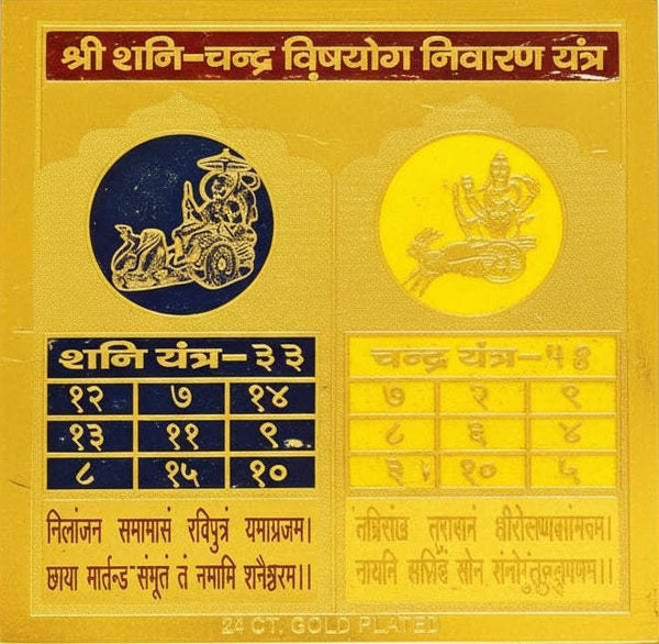 Gold plated yantra card with blue and yellow circular deity motifs and grids