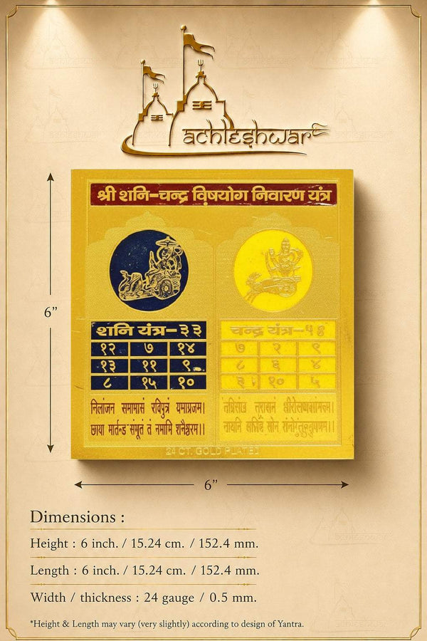 Yantra card with dimensions chart and blue/yellow deity symbols