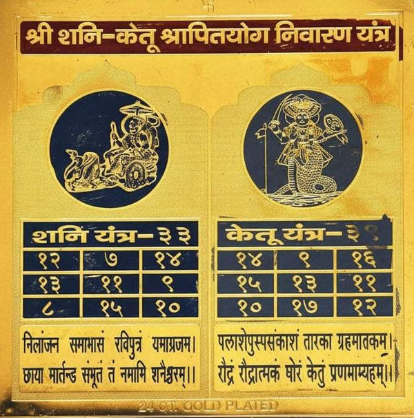 Gold-plated yantra card with two dark circular deity symbols and numbered grid