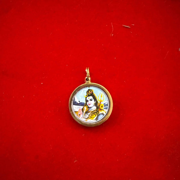 Round Lord Shiva pendant locket with colorful portrait in silver-tone frame