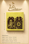 Gold-plated Saraswati yantra panel on stand, with black symbol artwork and size guide