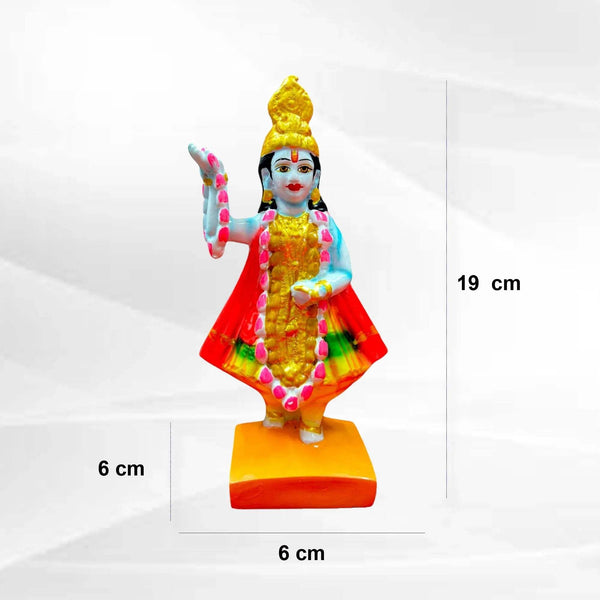 Blue-skinned goddess statue, 19 cm tall, gold crown, red-and-green skirt, yellow base