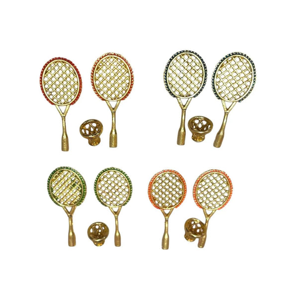 Miniature badminton racket and shuttlecock set with gold grid rackets and shuttlecocks