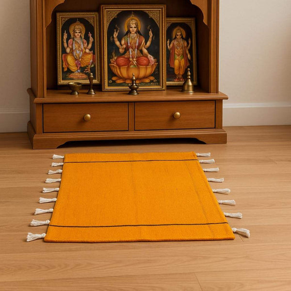 Reversible pooja meditation mat, orange with white fringe and black border stripe
