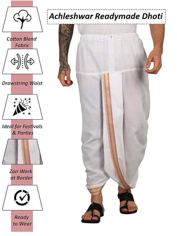 Achleshwar white cotton dhoti with zari border; label shows hand-wash icons