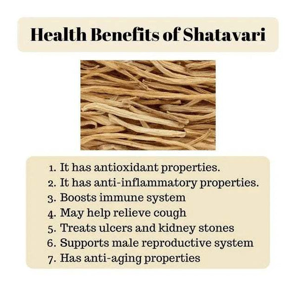 Satavari health benefits card with close-up of dried tan roots