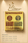 Gold plated yantra plaque with dimensions diagram, two circles, and Devanagari text