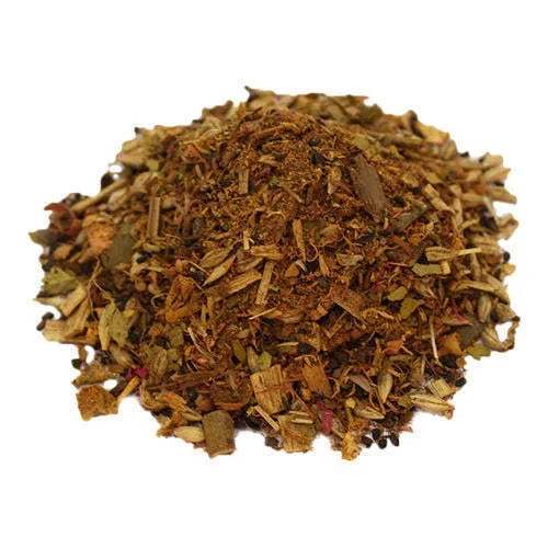 Hawan samagri dried incense mix pile, brown-gold with small pink petals