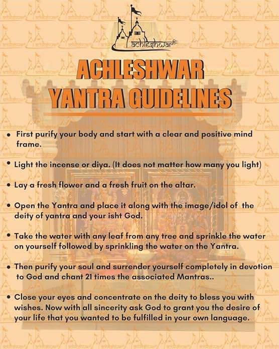 Yantra guidelines sheet titled ACHLESHWAR with bullet instructions for worship
