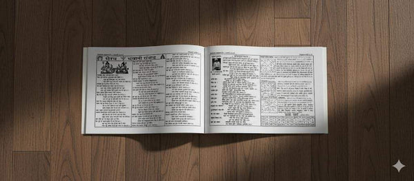 Paperback panchang book, open to two pages with dense printed text columns