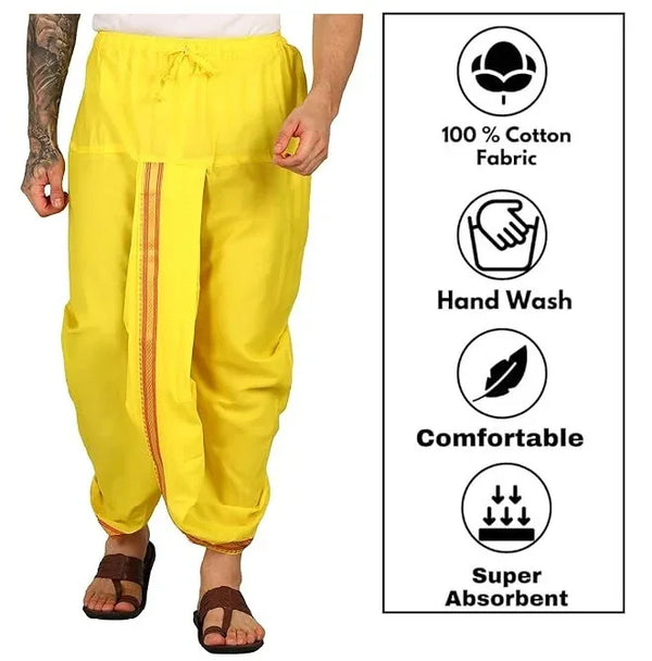Pure cotton readymade dhoti free size yellow colour with Thick embroidery border - Achleshwar