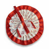 Krishna dress with red satin outer, white patterned rosette and ribbon center