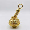 Golden decorative pichkari with small round matki base, ornate engraved texture