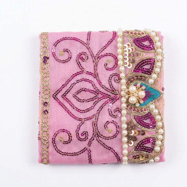 Embroidered devotional chunri square, light pink with purple thread swirls and pearl trim