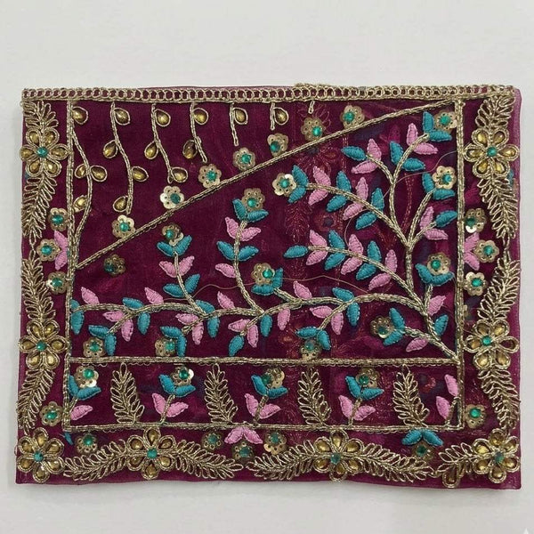 Purple embroidered chunni scarf with turquoise and pink threadwork, gold beaded border