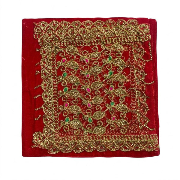 Dark red sequin chunri with gold embroidery and green accents