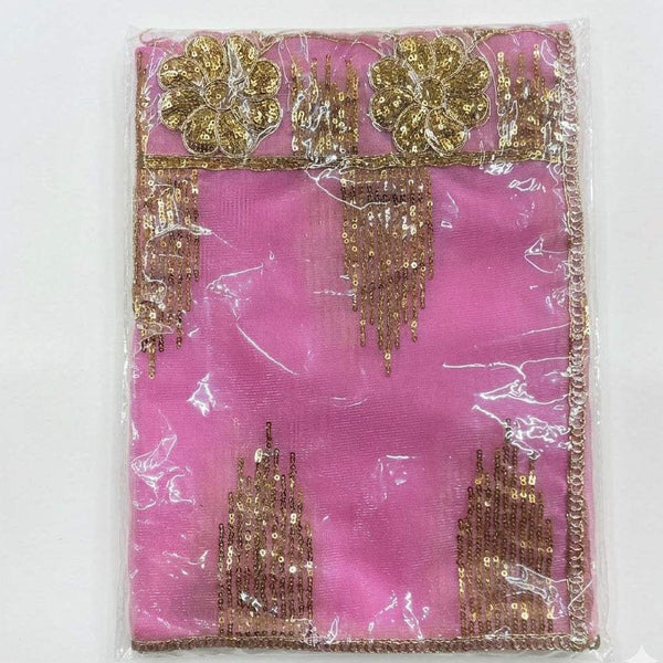 Pink devi mata chunni scarf with gold sequin panels and beaded edging