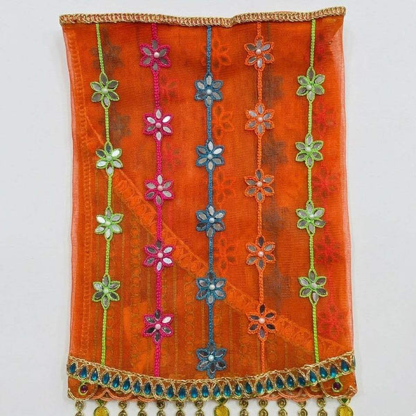 Orange chunri scarf with vertical embroidered floral motifs and gold beaded border