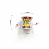 Damru drum with size diagram: red, yellow, and green striped body and rope lacing