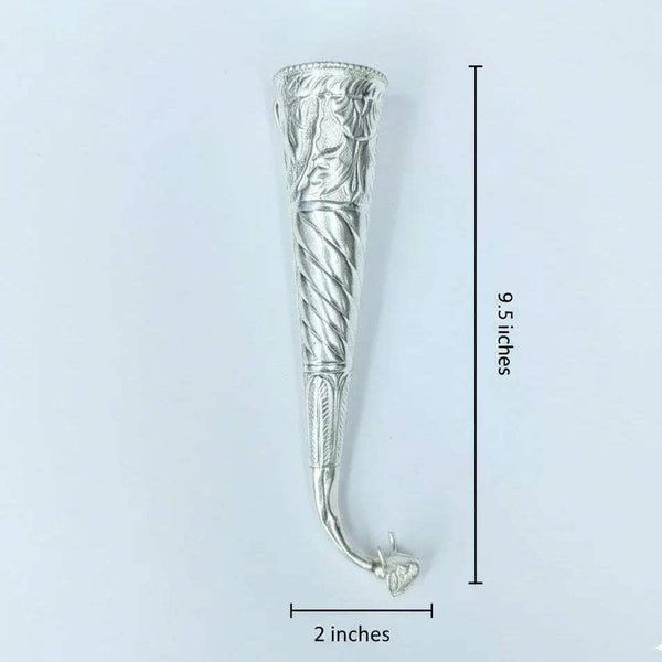 Silver-plated gaumukhi shringi with engraved ridges and curled end
