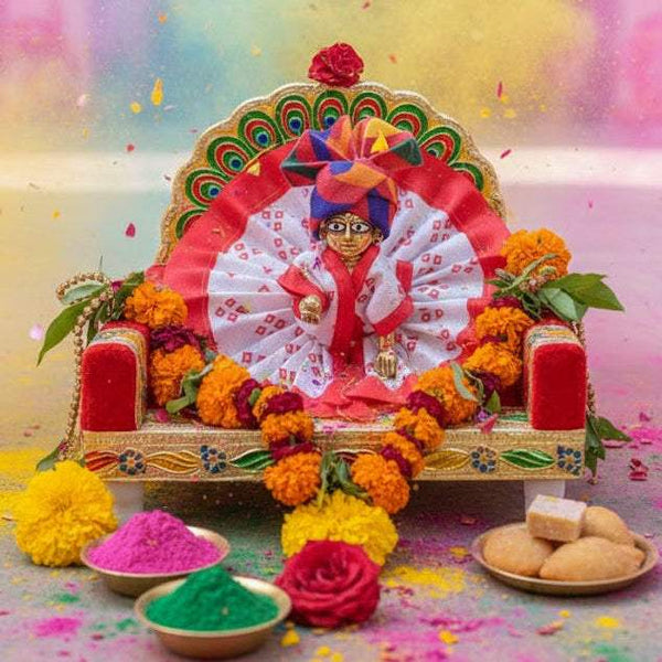Krishna dress with red satin rosette, white patterned fabric, flower garland decoration