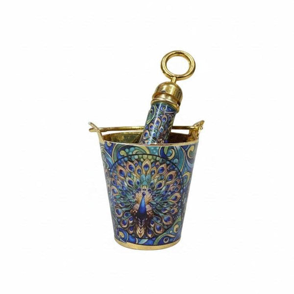 Decorative peacock-pattern bucket with golden spout and handle