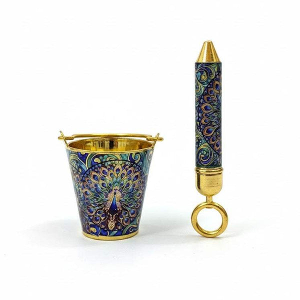 Decorative bucket and pichkari set with blue-gold pattern and golden ring handle
