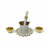 Holi plate set: gray pichkari bucket with gold ornate base and two small bowls