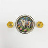 Round Krishna decorated plate with pearl rim and two gold flower bowls