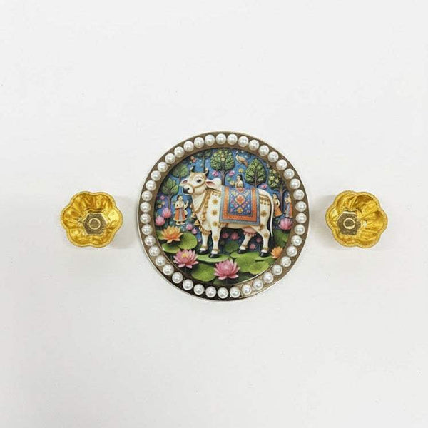 Round Krishna decorated plate with pearl rim and two gold flower bowls