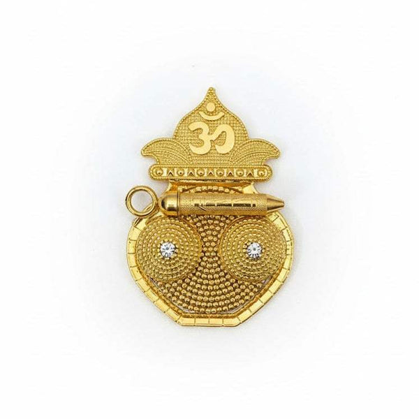 Golden Om decorative pichkari ornament with two circular mesh side discs and top crest