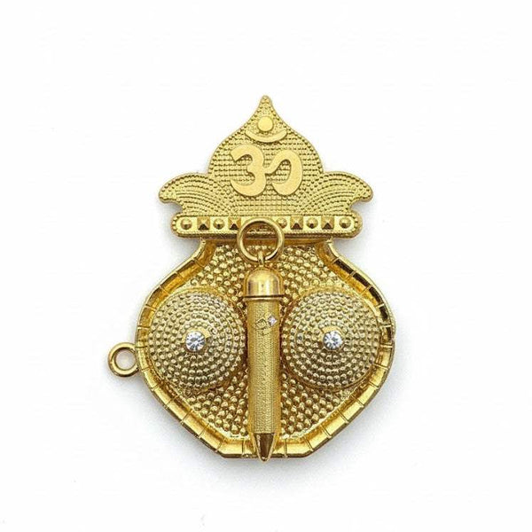 Golden decorative Om pichkari ornament with central nozzle and two round side panels