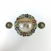 Decorative metal tray with two silver bowl inserts and floral wreath border, multicolor enamel