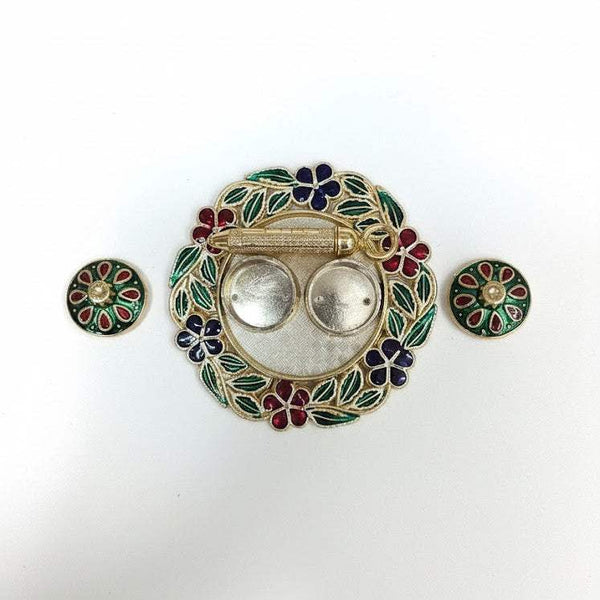 Decorative metal tray with two silver bowl inserts and floral wreath border, multicolor enamel
