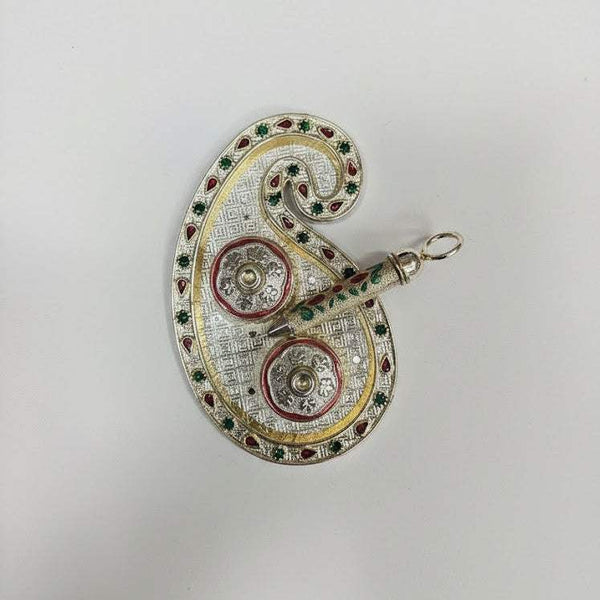 Ornate metal tray with two circular bowl inserts, green and red enamel, silver tone