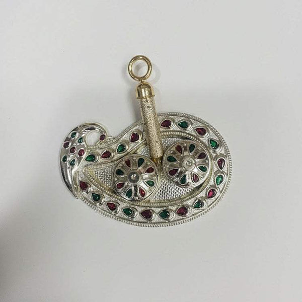 Holi decorative plate with pichkari stem and two jeweled side bowls, gold toned