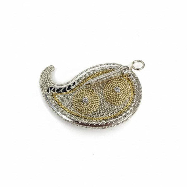 Beaded Holi decorative accessory with silver edging, gold-toned center, loop handle