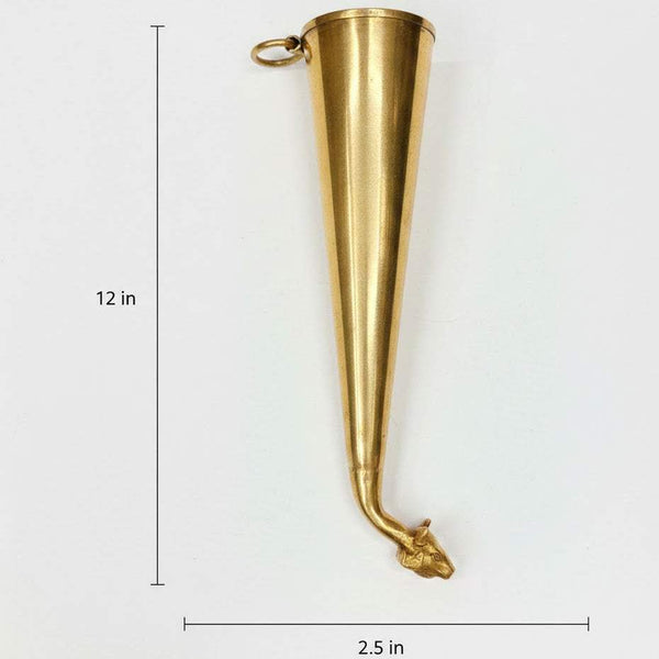 Brass gaumukhi shringi, 12 in tall cone cup with loop handle and decorative feet