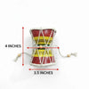 Damru drum size diagram with height and width arrows; striped red, yellow, and green