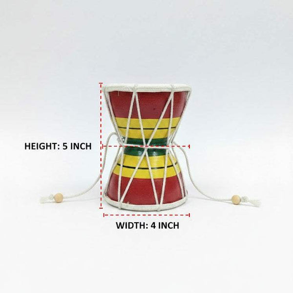 Handmade damru drum, red and yellow striped with white lacing, 5 inch height