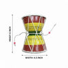 Damru drum size diagram with height and width labels; striped red, yellow, and green