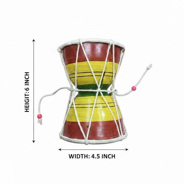 Damru drum size diagram with height and width labels; striped red, yellow, and green