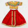 Festival idol outfit set: orange patterned blouse and red flared skirt, gold trim