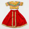 Festival idol outfit set with yellow beaded top, red flared skirt, and gold borders
