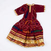 Festival idol outfit set with maroon dress, multicolor motifs, and gold trim
