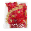Red and gold festival idol outfit with ornate lace border and embroidered medallions