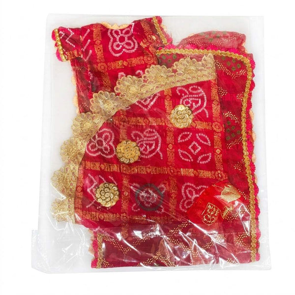 Red and gold festival idol outfit with ornate lace border and embroidered medallions