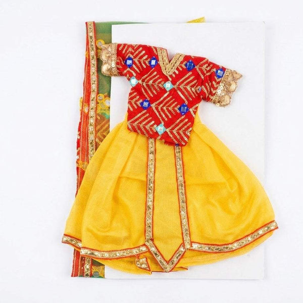 9-inch festival idol outfit set: yellow lehenga with red patterned top and gold trim