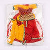 Yellow, red, and green festive idol dress with gold trim and decorative panels