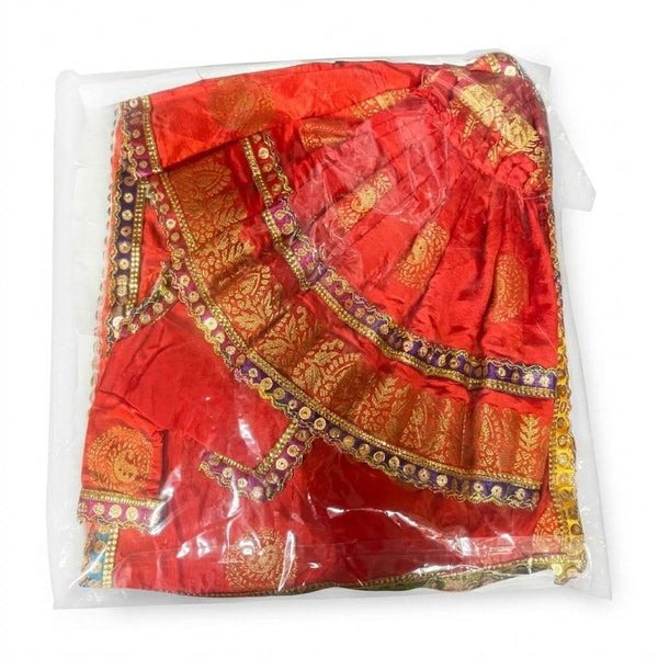Red and gold embellished idol robe with patterned panels and decorative trim